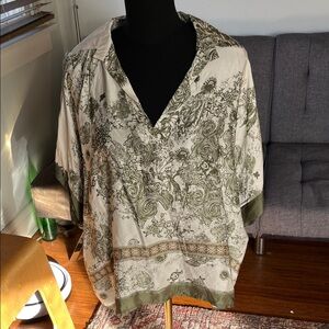 Jaki London Olive and Cream silk blend  Floral Blouse/tunic size L/XL